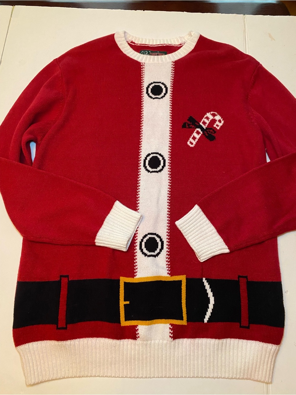 Men's Red Santa Sweater with Belt and Candy Cane Detail